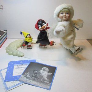 Aston Drake Snow Baby Follow The Leader skating child with penguins Christmas